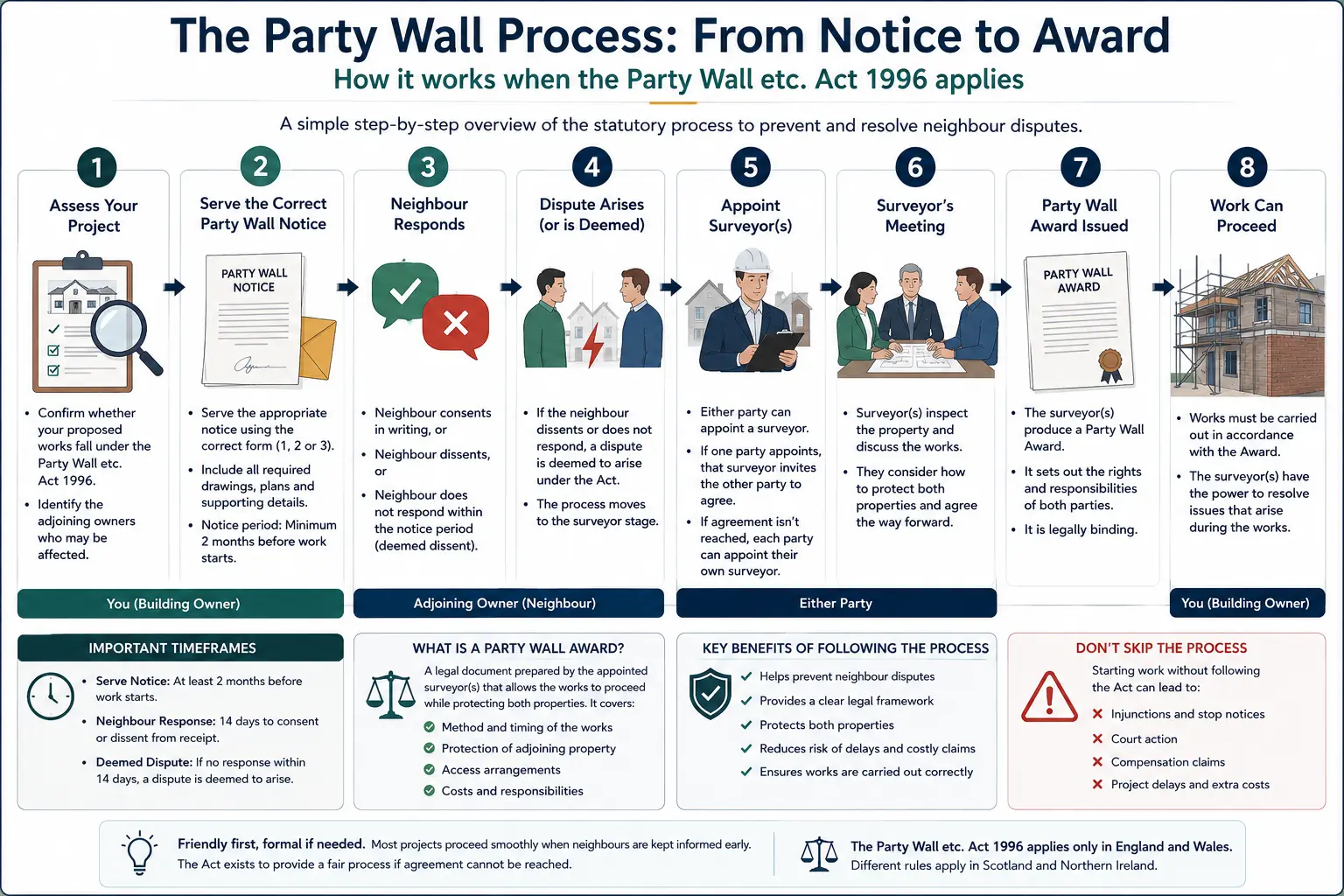 Do I Need a Party Wall Agreement? An infographic showing the party wall process from notice to award in a very interactive way for the citizens living in Bradford, UK