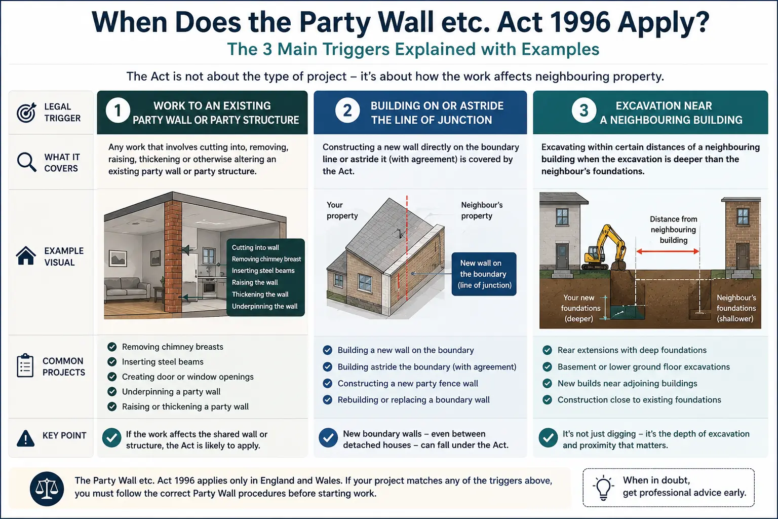 Do I Need a Party Wall Agreement? An infographic showing when does the party wall etc act 1996 apply like excavation, junction, painting, in Bradford, UK